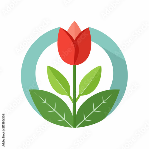 Minimalistyczna, wektorowa ilustracja symetrycznego tulipana o czerwono-pomarańczowych płatkach i dwóch zielonych liściach.