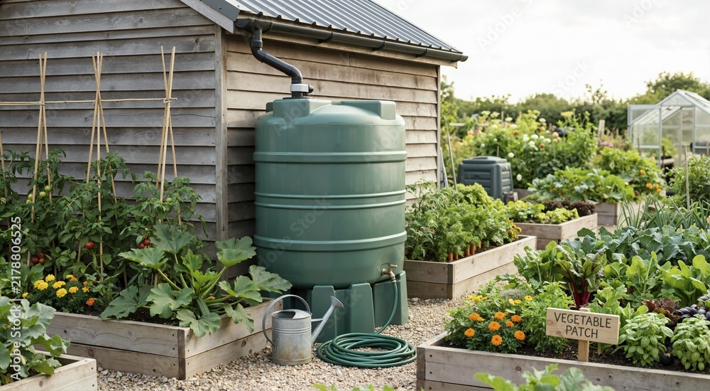Obraz premium Rainwater harvesting tank next to a wooden shed. Green cistern for garden irrigation in a vegetable patch. Sustainable gardening concept