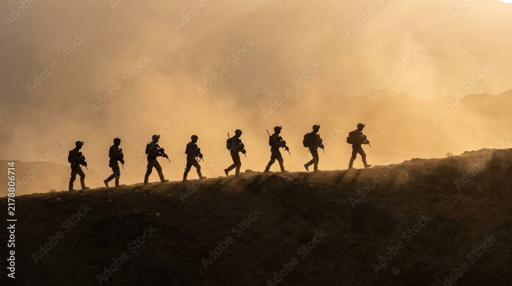 Obraz premium silhouette of military squad walking in line on mountain ridge during dusty sunset. armed forces patrol, teamwork and combat deployment concept. banner, website header, background with copyspace.