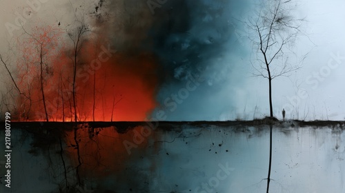 Exploring the dualities of life through fire and ice in a dramatic landscape with contrasting scenes