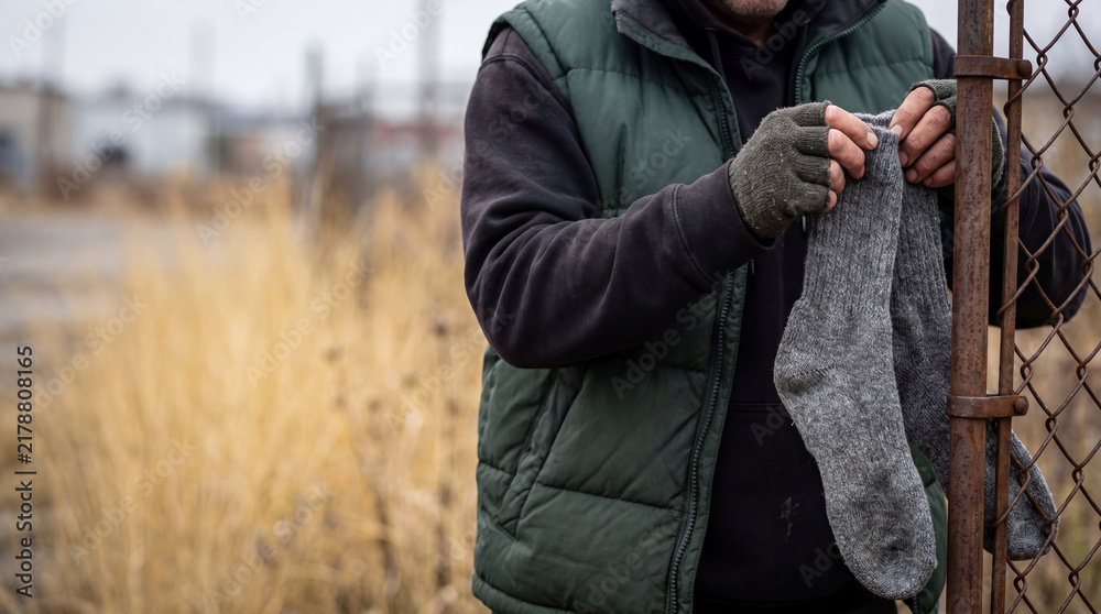 Fototapeta premium Homeless man holding old wool socks outdoors. Poor person in shabby clothes standing by fence. Social documentary concept about poverty, unemployment, hunger and difficult living condition.