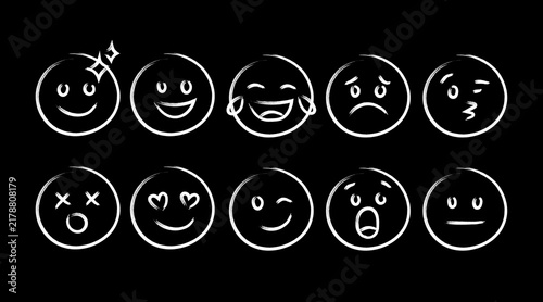 Drawn emoticons set with varied facial expressions for social media and digital messaging platforms.