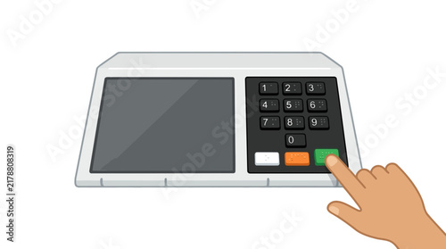 Foto Hand pressing green button on electronic voting machine with numeric keypad and