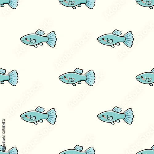 Kawaii Cartoon Blue Guppy Fish Swimming on Cream Seamless Pattern Background