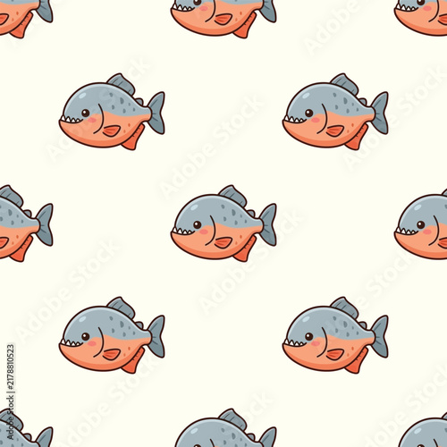 Kawaii Piranha Fish Character Swimming in a Seamless Vector Pattern Background