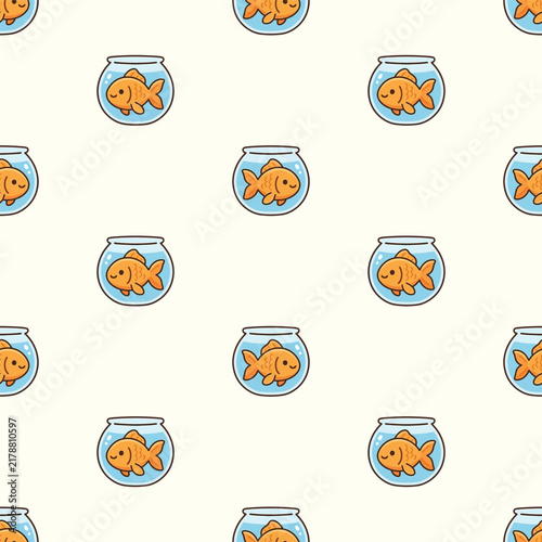 Cute Goldfish Swimming in Glass Bowls Seamless Vector Pattern on Cream Background