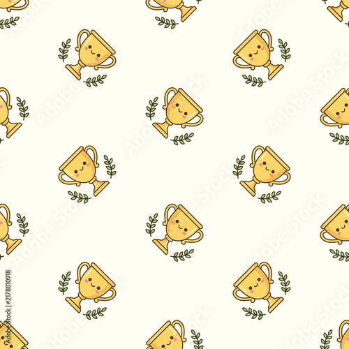 Cute Golden Trophy Cup Pattern Smiling with Laurel Wreath on White Background