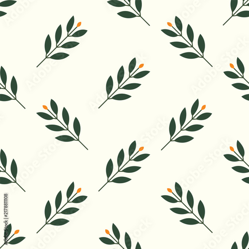 Green Leafy Branches and Yellow Buds Repeating Seamlessly on Cream Background