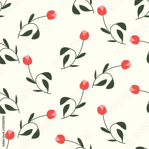 Red Tulip Flowers and Green Leaves Seamless Pattern on Cream Background