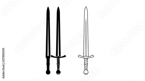 Photography Two medieval swords one black silhouette and one white outline on a white backgr