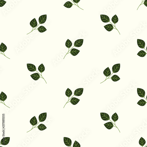 Green Leaf Sprigs Arranged in Seamless Minimalist Pattern on White Background