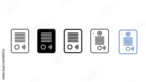 Set of five distinct intercom icons representing modern smart home communication technology systems