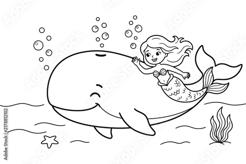 A delightful coloring page featuring a mermaid riding a whale in the ocean depths