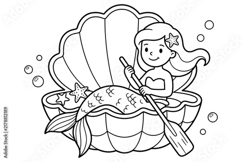 A delightful mermaid relaxing inside a large seashell perfect for coloring and creative expression