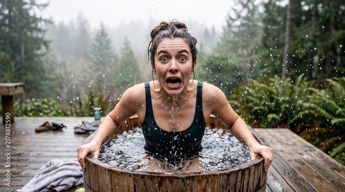 Shocked woman screaming in cold wooden barrel tub during outdoor ice bath therapy