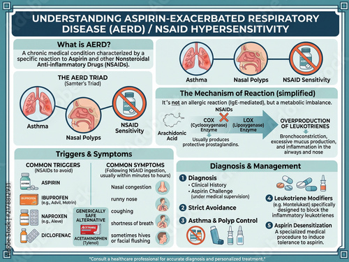 Educational medical chart detailing aspirin exacerbated respiratory disease and NSAID hypersensitivity mechanisms symptoms and management.