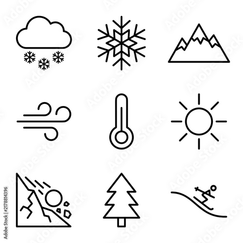 Collection of weather and nature icons including snow, snowflake, mountains, wind, thermometer, sun, avalanche, tree, and skiing