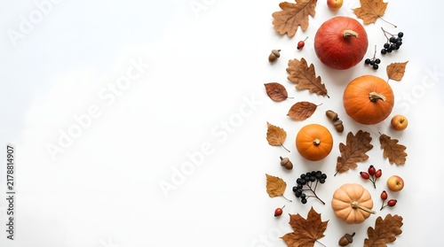 Autumnal arrangement of miniature pumpkins and colorful fallen leaves against a white background