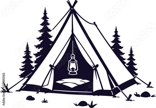 Minimalist camping tent with lantern in pine forest at dusk for outdoor adventure