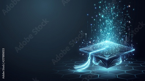 Glowing digital graduation cap representing academic success and future technology in education.