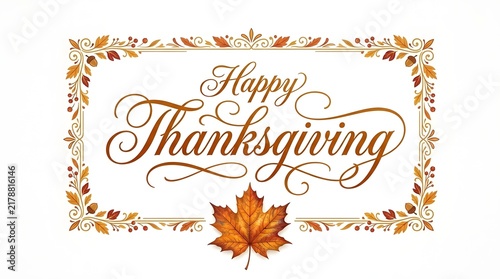 Vintage style thanksgiving greeting card with ornate calligraphy and autumn leaf detail