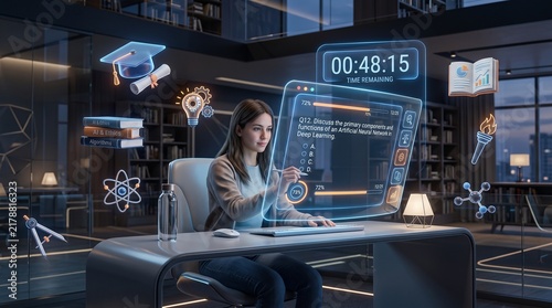 Young woman student using holographic interface for online education and digital learning in a modern office.