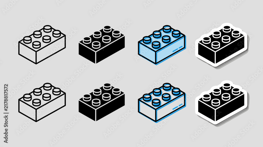 Naklejka premium Plastic building bricks vector presentation in outline, solid, colored, and sticker styles