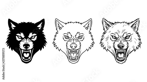 Bild auf Leinwand Three stylized snarling wolf face icons displaying solid silhouette line art and