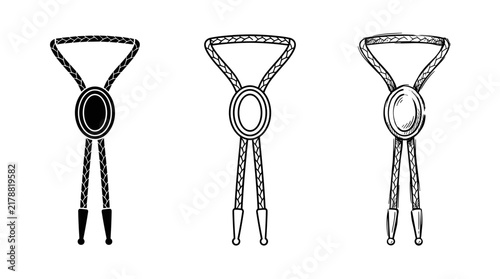 Western bolo tie icons set in solid silhouette, line art, and hand drawn sketch styles