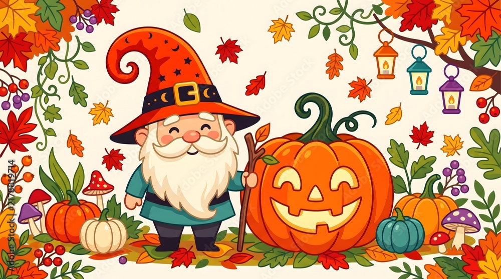 Fototapeta premium Cute Halloween Time Autumn Gnome Standing Next to Smiling Jack O Lantern Pumpkin Vector Illustration