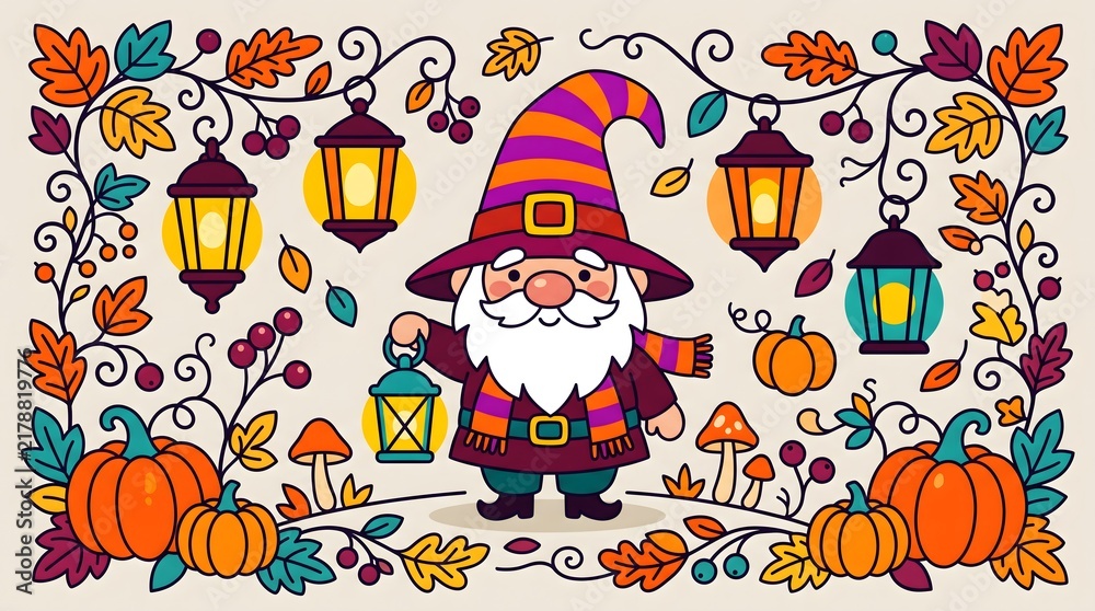 Fototapeta premium Cute Autumn Gnome Holding Lantern with Pumpkins and Leaves Border for Halloween Time