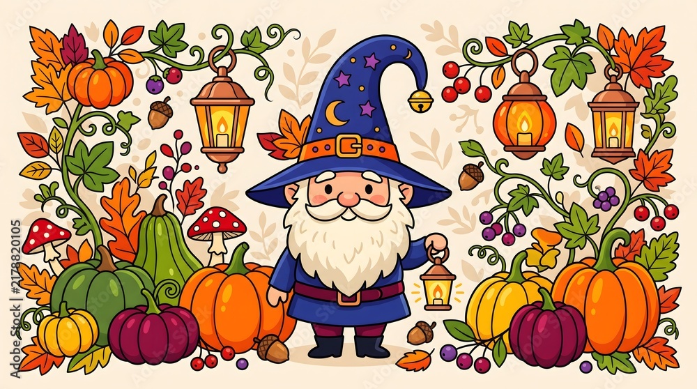 Fototapeta premium Whimsical Gnome Wizard with Lantern surrounded by Autumn Harvest Decorations and Foliage during Halloween Time
