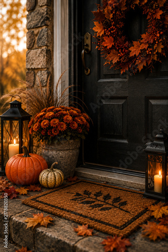 Elegant autumn entrance with pumpkins, orange flowers, fall wreath, glowing lanterns and colorful leaves by a dark front door. Warm seasonal home decor concept for fall, Thanksgiving and cozy outdoor 