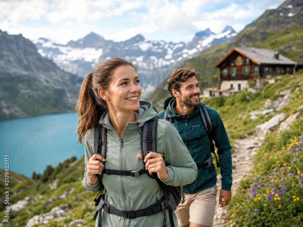 Fototapeta premium Wanderpaar in den Schweizer Alpen – Zwei Reisende erkunden einen Bergpfad am türkisblauen See und erleben lokalen Tourismus, Naturgenuss und aktive Erholung in der Schweiz.