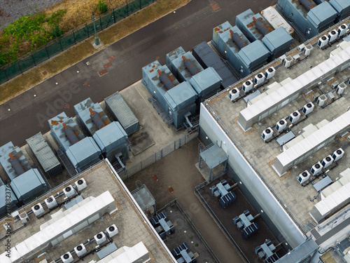 Aerial View of a Modern Data Center With Cooling Systems and Generators