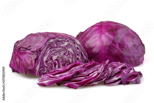 Fresh red cabbage chopped for salad on white background.