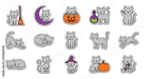 Set of cute hand drawn halloween cats with pumpkins and witch hats in a whimsical doodle style illustration