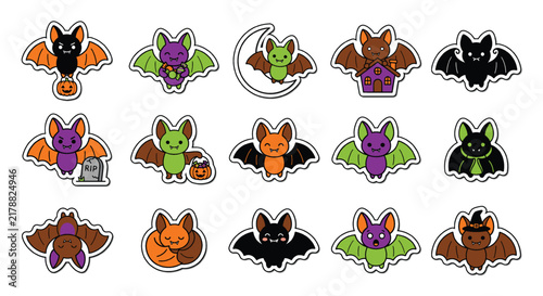 Set of cute colorful cartoon bats for halloween decorations isolated on a white background for festive designs