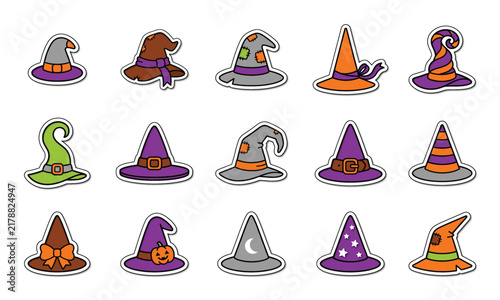 Set of colorful cartoon witch hats for halloween celebration featuring various patterns and decorative elements on white background
