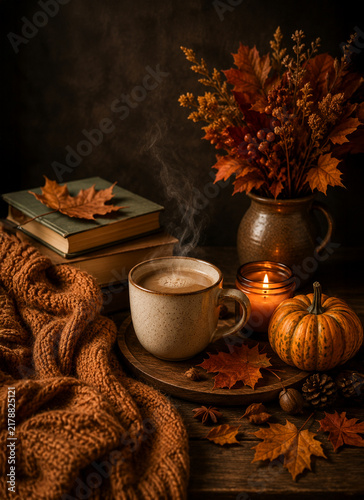 Warm autumn still life with steaming hot drink, glowing candle, knitted blanket, books, pumpkin and colorful fall leaves. Cozy seasonal concept of hygge, relaxation, reading and slow living.