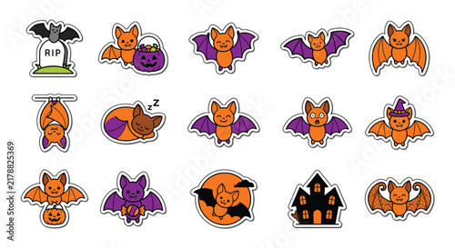 Set of cute cartoon halloween bats and spooky elements for festive holiday decorations and graphic design projects