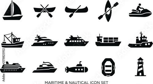Set of maritime and nautical icons featuring various types of boats, ships, vessels, and a lighthouse