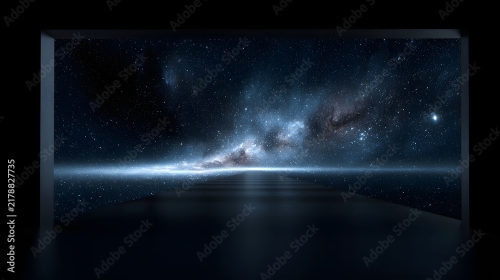 Fototapeta premium A cosmic scene with a starry night sky and a glowing horizon framed by a dark structure evoking a sense of space explo n