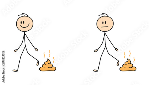 Принти на полотні Bad luck, good luck: Two stick figures show contrasting reactions to stepping in feces, one happy, the other unhappy