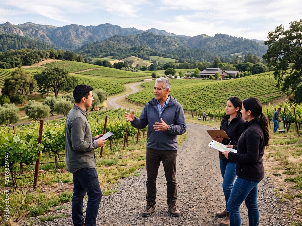 Fototapeta premium Active Hispanic senior manager assigning work in natural setting