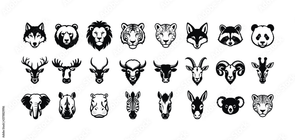 Fototapeta premium Collection of stylized animal heads and faces in a clean, modern emblem style