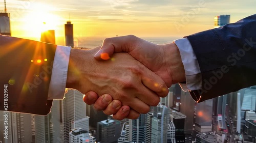 People shake hands on a rooftop during sunset in a city