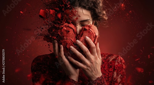 Woman Holding a Cracked Red Heart — Emotional Heartbreak, Love, Loss and Healing Conceptual Portrait