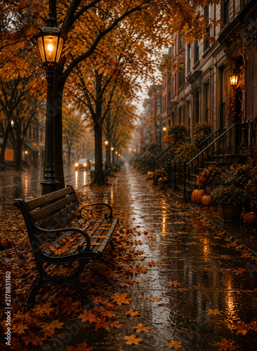 Atmospheric autumn city street on a rainy day with wet pavement, fallen orange leaves, empty bench and glowing street lamps. Cozy urban fall scene with warm reflections and seasonal mood.