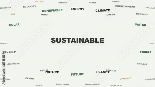 Modern animated editorial typography word cloud where eco, renewable, climate, solar, and nature keywords assemble without overlap in a wide horizontal oval around the giant hero word SUSTAINABLE. Fea